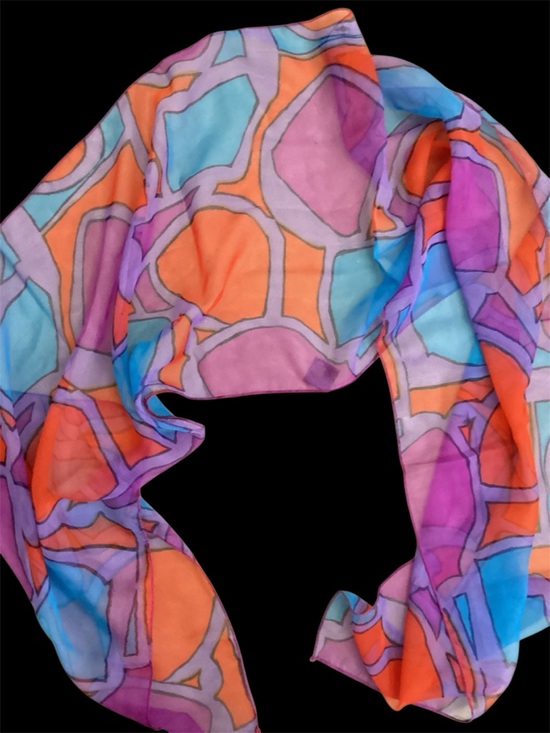 Accessory Street Accessories - Oblong Geometric Sheer Scarf - Orange, Purple & Blue, 13x64"
